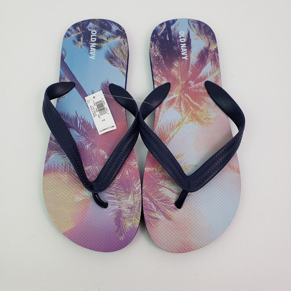 Old Navy Youth Sz 5-6 Navy Blue Palm Tree Photo Slip On Thong Flip Flop Sandals - Picture 2 of 4